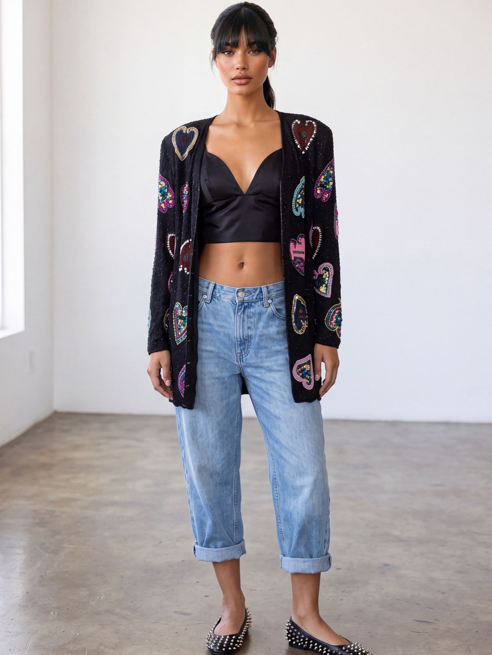 Vintage Black Sequin Heart Embellished Blazer